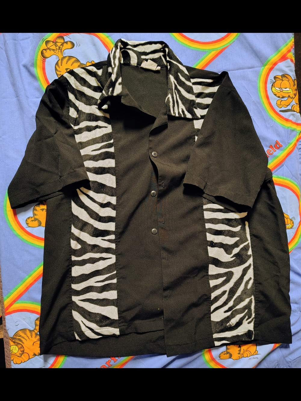 Vintage Bone Daddy Black & Zebra Print Bowling Camp Shirt Size L Made in USA
